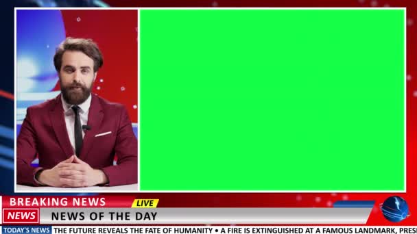 Newscaster Presents News Greenscreen Live Studio Covering Daily Events Talking — Stock Video