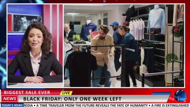 记者展示了黑色星期五视频 讨论购物疯狂和危机 介绍了半价交易 在国际电视上报道突发新闻的女主持人 — 图库视频影像
