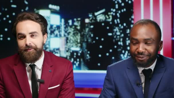Diverse Men Start Late Night Show Studio Presenters Talking Latest — Stock Video
