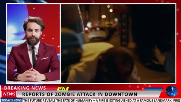 Zombie Ataque Apocalipsis Informes Noticias Emisor Hablando Virus Peligrosos Personas — Vídeos de Stock