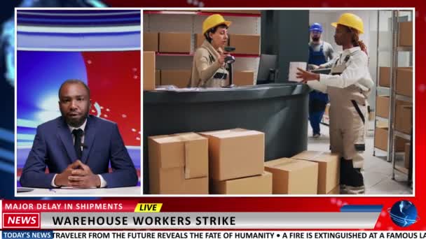 Presentador Noticias Presenta Una Nueva Huelga Entre Los Trabajadores Almacenes — Vídeo de stock