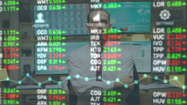Expert uses augmented reality to analyze financial charts, data, and statistics. Focused investor examining stock market sales and trends to come up with investment opportunities