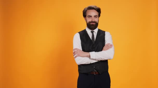 Refined Waitstaff Member Poses Happily Front Yellow Background Bringing Food — Stock Video