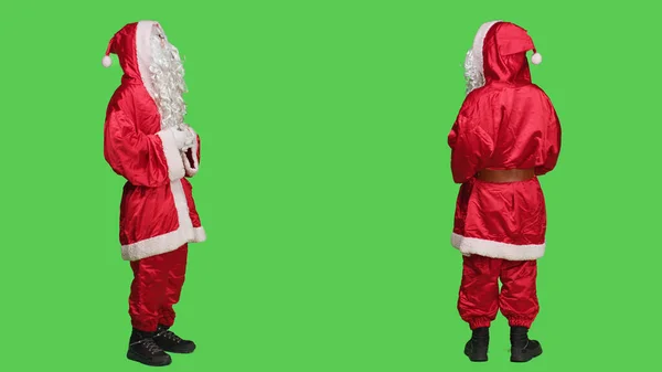 Saint Nick Karaktär Skrattar Kameran Säger Och Sprider Julstämning Vinterlovet — Stockfoto