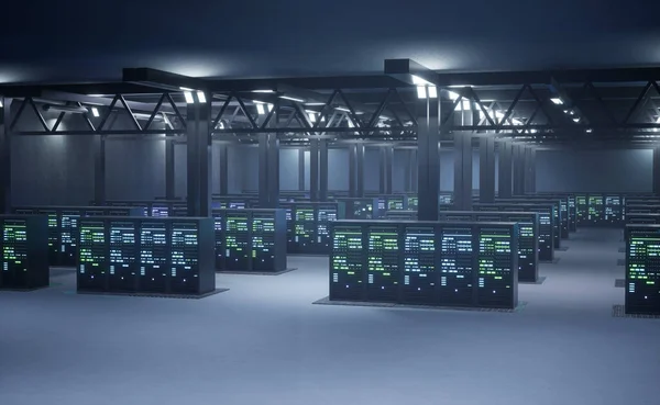 Interlinked computers creating server network, providing required memory and operating speeds for complex computational operations, Data center with connected hardware, 3D render animation