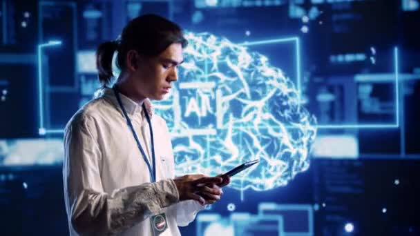Konzentrierter Techniker Rechenzentrum Mit Künstlicher Intelligenz Die Denkprozesse Menschlichen Gehirn — Stockvideo