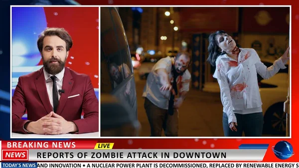 Zombie attack apocalypse news reports. Broadcaster talking about dangerous virus and infected people haunting the city, scary information on international live television program.