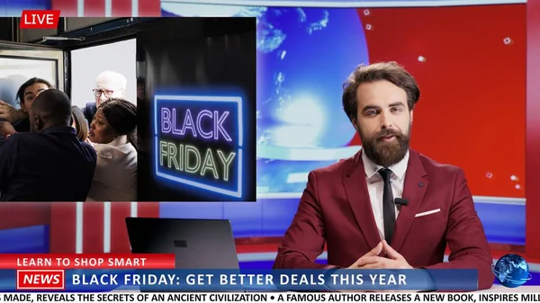 News Anchor Covering Start Sales Event Stores Advertising Black Friday — Stock Photo, Image