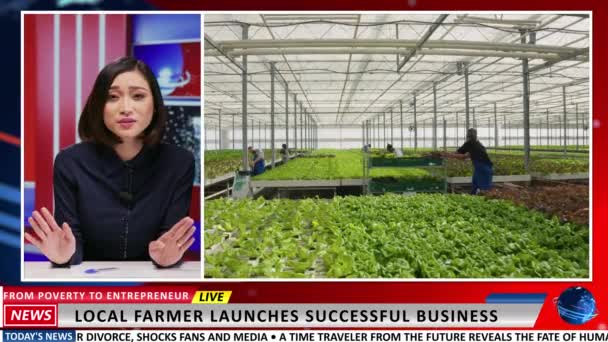 Mujer Presentadora Haciendo Reportajes Noticias Sobre Negocio Agrícola Presentando Granjeros — Vídeo de stock