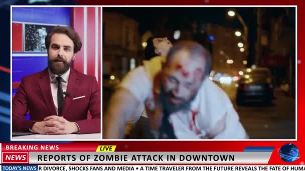 Newscaster Habla Sobre Apocalipsis Zombi Televisión Vivo Presentando Imágenes Ataque — Vídeos de Stock