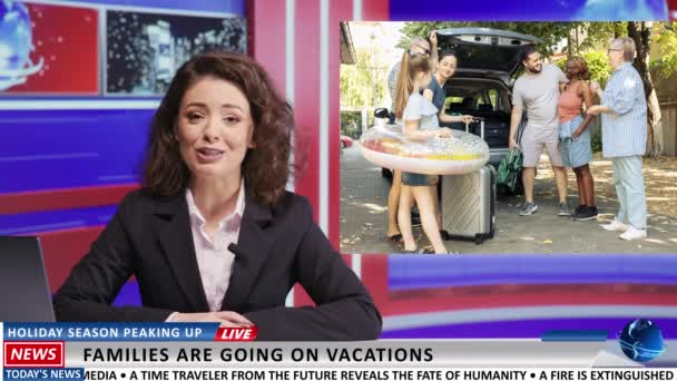Δημοσιογράφος Ειδήσεων Παρουσιάζει Τις Καλοκαιρινές Διακοπές Ζωντανή Τηλεόραση Δείχνει Πλάνα — Αρχείο Βίντεο