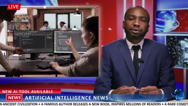 방송사는 비즈니스 프로그래밍 산업을 뉴스에 이야기합니다 보고서를 아프리카계 — 비디오