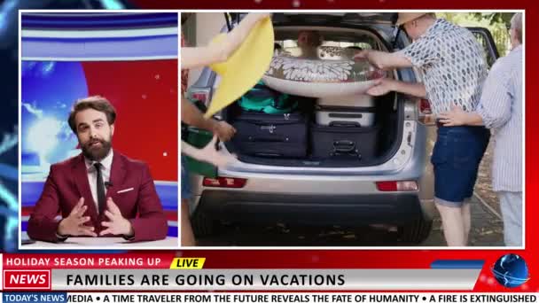 Medienreporter Spricht Über Sommerurlaub Und Menschen Die Mit Dem Auto — Stockvideo