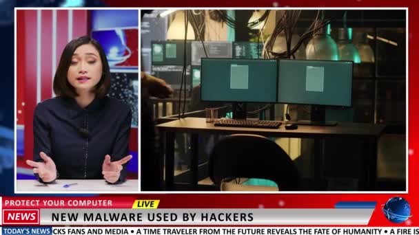 Mediální Moderátor Zabývá Hackerskými Útoky Mluví Zlodějích Nebezpečnosti Škodlivého Softwaru — Stock video