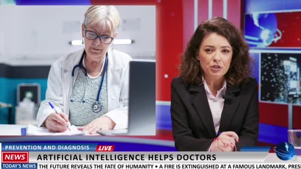 Giornalista Copre Notiziario Sanitario Presentare Aiuti Intelligenza Artificiale Medici Parlando — Video Stock