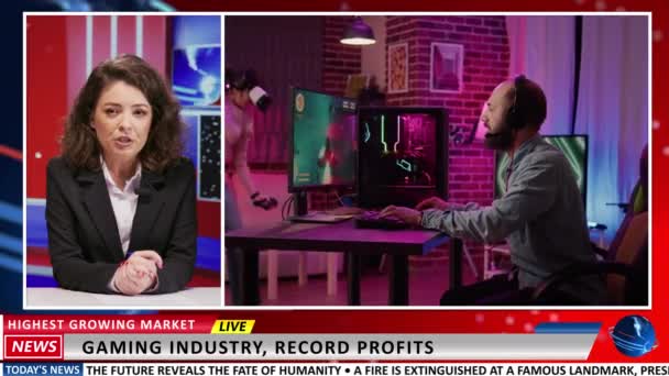Reportero Medios Presenta Crecimiento Industria Del Juego Sala Redacción Programa — Vídeo de stock