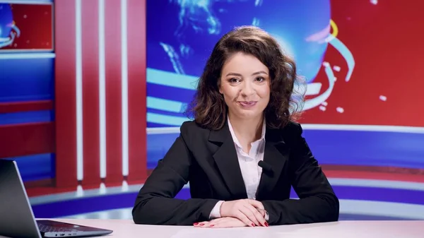 Broadcaster presenting world news on tv program, talking about international events and reports during live transmission. Anchorwoman journalist creates media television content.