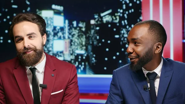 Diverse Men Start Late Night Show Studio Presenters Talking Latest — Stock Photo, Image