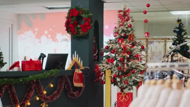 Giyim Mağazasındaki Güzel Dekore Edilmiş Noel Ağacı Hediye Almak Isteyen — Stok video