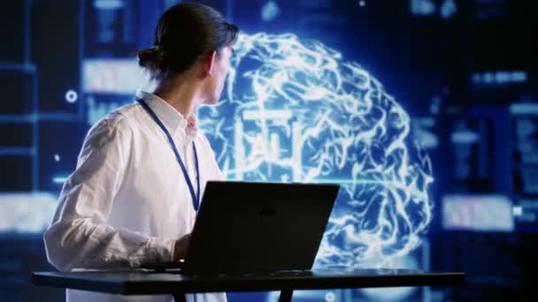 Beheerder Met Behulp Van Laptop Kunstmatige Intelligentie Neurale Netwerken Bestaande — Stockvideo