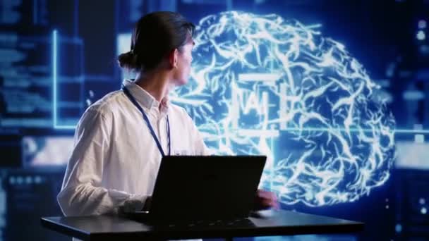 Admin Usando Laptop Para Visualizar Redes Neurais Inteligência Artificial Compostas — Vídeo de Stock