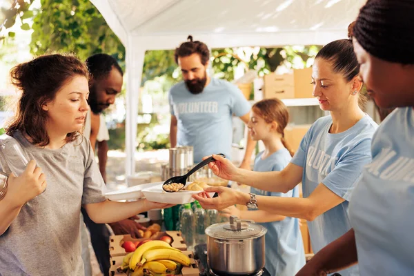 Multicultural Individuals Volunteering Outdoor Food Bank Serving Warm Meals Non — Stock Photo, Image