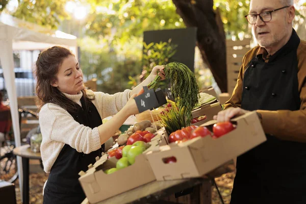 老年人和年轻人销售健康的农产品 为顾客准备水果和蔬菜摊位 在当地市场工作的农民帮助客户购买有机产品 — 图库照片
