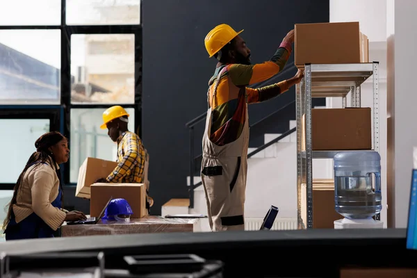 Retail Storehouse Employees Preparing Customer Purchase Dispatching All Black Warehouse — Stock Photo, Image