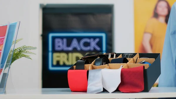 Black Friday Discounted Items Store Ties Accessories Various Brands Clothing — Stock Photo, Image