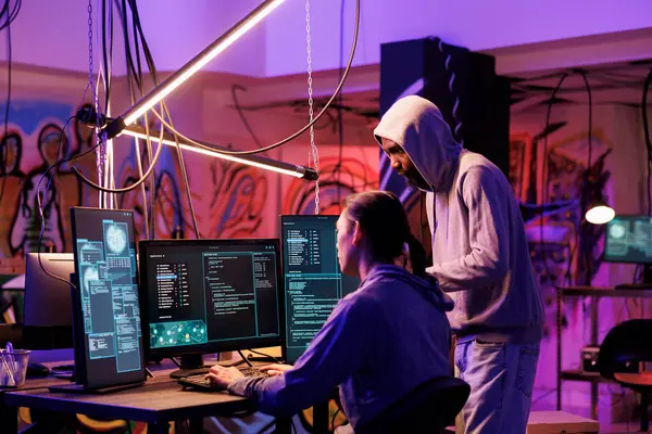 Hacker Programmieren Gemeinsam Schadsoftware Auf Dem Computer Während Sie Einem — Stockfoto