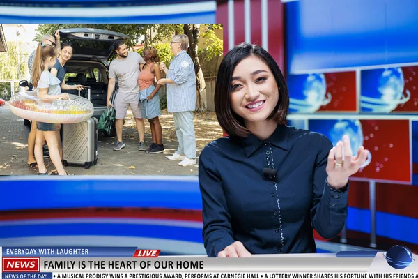 Headline story about family love on live television program, asian presenter discussing about togetherness and happiness. News anchor presenting advertisement on relatives, tv channel.
