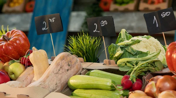 农民市场柜台上的天然有机水果蔬菜 清空了当地的小商店 健康的土生土长的天然产品在柜台上 食品市场上有价签和产品 — 图库照片