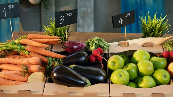 Verschiedene Biobauern Vermarkten Produkte Vom Gemüsemarkt Saisonales Reifes Obst Und — Stockfoto