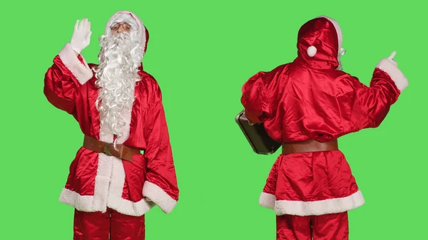 Man Santa Claus Suit Waving Hello Hitchhiking Suitcase Carrying Baggage — Stock Photo, Image
