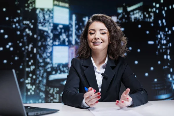 Newscaster reporting live information regarding recent incidents, talking about breaking news and daily events on tv channel. Presenter working in television industry, covering all topics live.