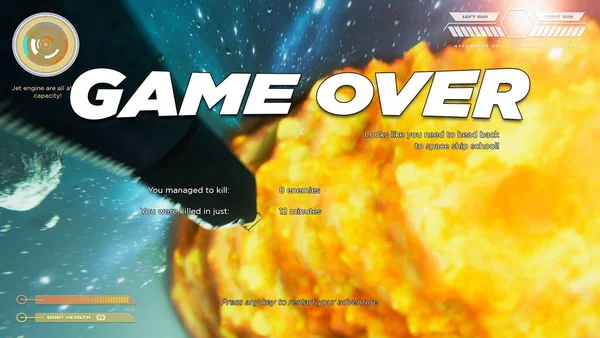 Gamer receiving game over screen, getting his spaceship destroyed in huge explosion while flying in galaxy and fighting enemies. Player losing science fiction spacecraft singleplayer videogame