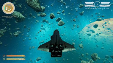 Yüksek çözünürlüklü tek kişilik uzay gemisi uçuşu oyunu sağlık, yakıt, cephane çubukları ve minimap gösteriyor. Galakside asteroidlere ateş eden uzay aracı, yüksek kalitede ışın izleme grafikleri