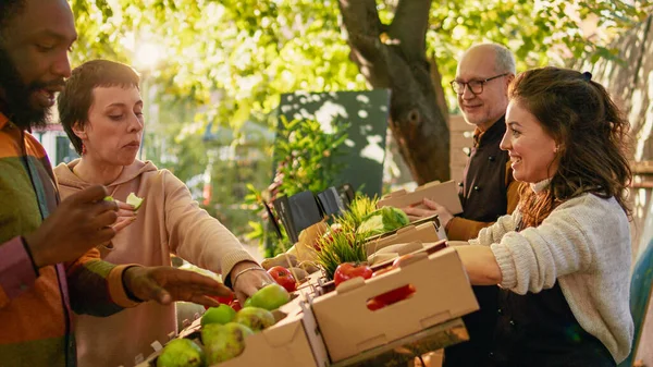 Diverse Customers Tasting Slices Juicy Apples Buying Organic Products Farmers — Stock Photo, Image