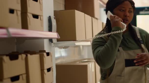 Logistics Coordinator Warehouse Picker Preparing Orders Delivery Receiving Phone Call — Stock Video