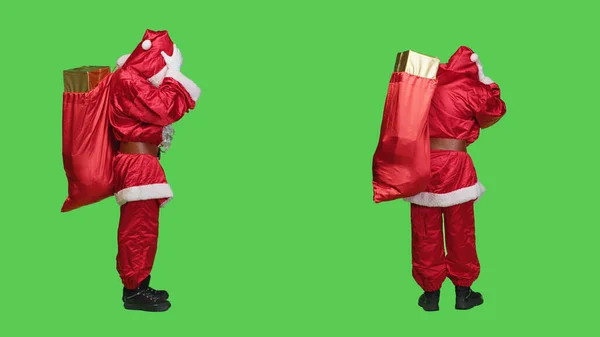 Saint Nick Migraine Carries Sack Trying Deliver Gifts Boxes Children — Stock Photo, Image