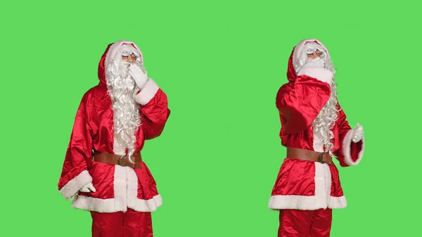 Sweet Santa Claus Sends Air Kisses Studio Doing Romantic Gesture — Stock Photo, Image