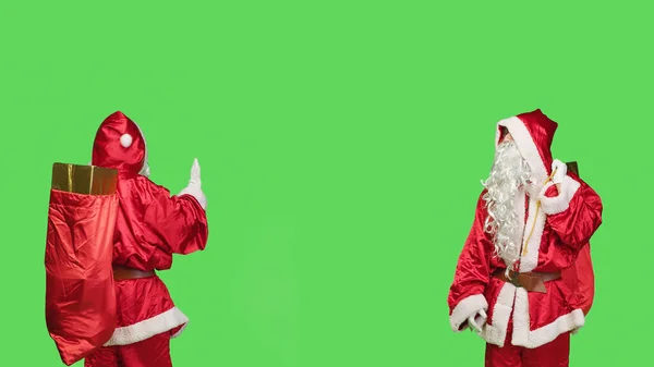 Saint Nick Pushing Object Left Right Sides Showing Dismiss Gesture — Stock Photo, Image
