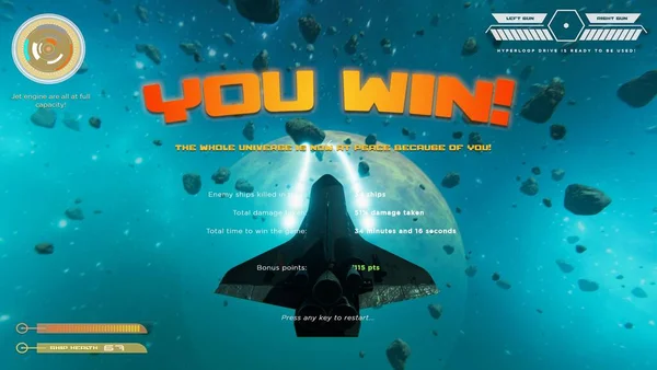 Gamer Győzelem Után Elpusztítja Összes Ellenséges Űrhajók Befejező Utolsó Szinten — Stock Fotó