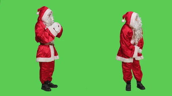 Santa Cosplay Checking Time Wristwatch Standing Full Body Greenscreen Studio — Stock Photo, Image