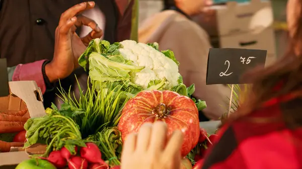 Kobieta Klient Sprawdza Naturalne Warzywa Kupić Stoiska Rynku Spożywczym Klient — Zdjęcie stockowe