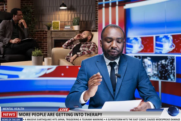 Newscaster Does Psychotherapy Story News Program Talking Therapy Providing Safe — Stock Photo, Image