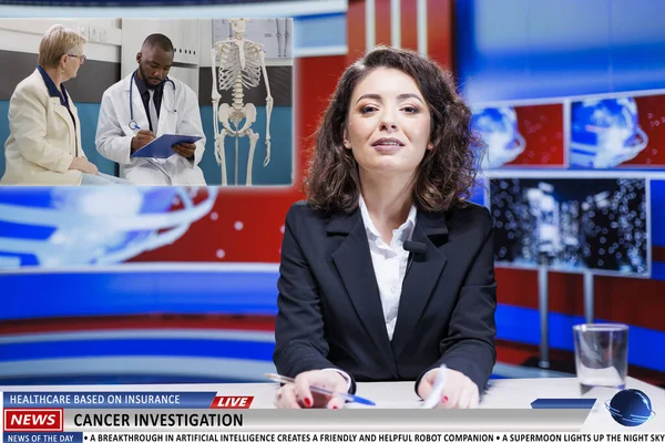 Presenter covers live healthcare news, discussing about medical insurance for patients and attempts to cure cancer. Anchorwoman reading headlines about scientific investigation.