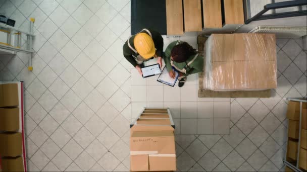 Top View Warehouse Employees Comparing Findings Inspecting Cardboard Box Parcels — Stock Video