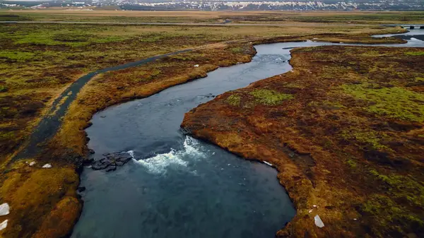 Piękna Panorama Wodospadu Oxarafoss Strzał Drona Icelandycznej Kaskady Spływającej Klifu — Zdjęcie stockowe