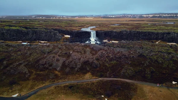 Drone Shot Oxarafoss Vattenfall Island Vacker Massiv Kaskad Som Löper — Stockfoto
